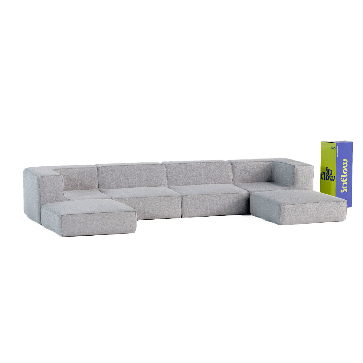 Sofá Modular Flow 4 Lugares 2 Cantos com 2 Apoios de Pé em Boucle Cinza