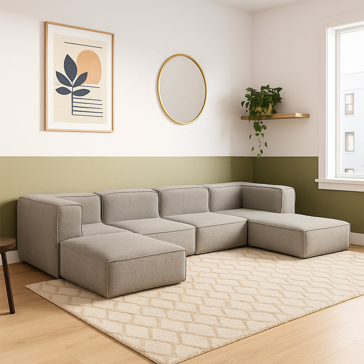 Sofá Modular Flow 4 Lugares 2 Cantos com 2 Apoios de Pé em Boucle Cinza