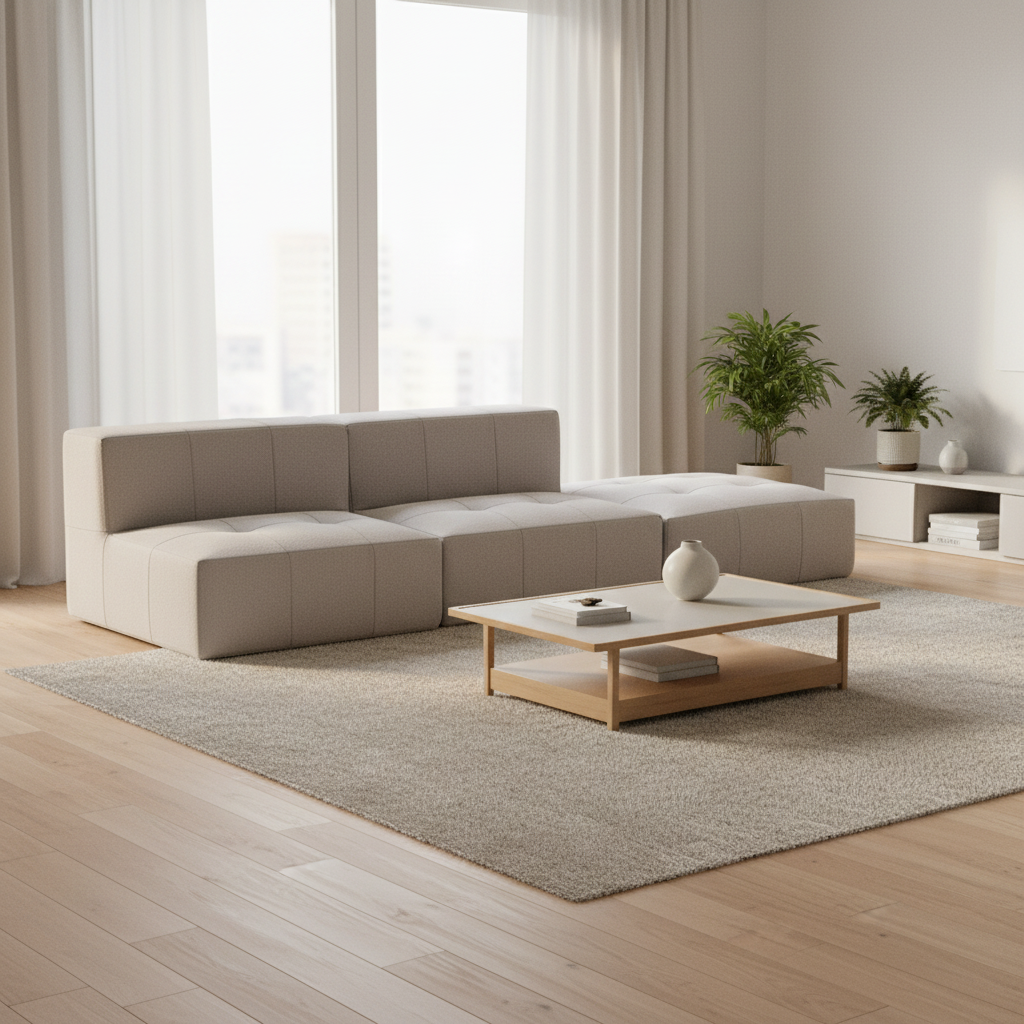 Sofá Modular 2 Lugares com 1 Apoio de Pé em Boucle Cinza