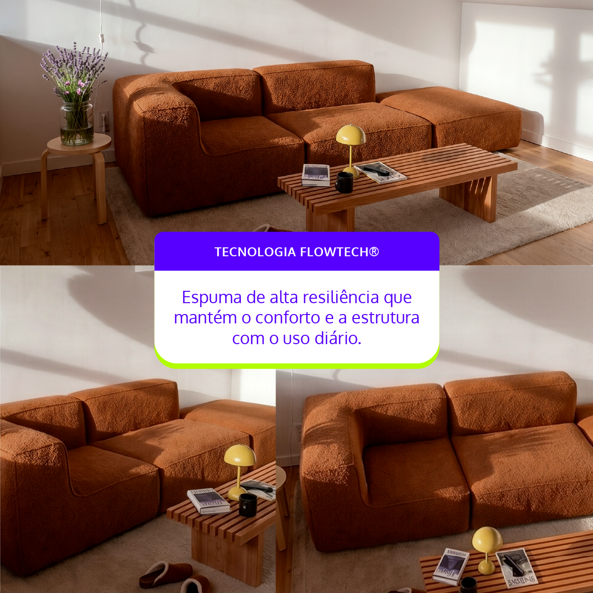 Sofá Modular Flow 2 Lugares 1 Canto com 1 Apoio de Pé em Boucle Plus Mostarda