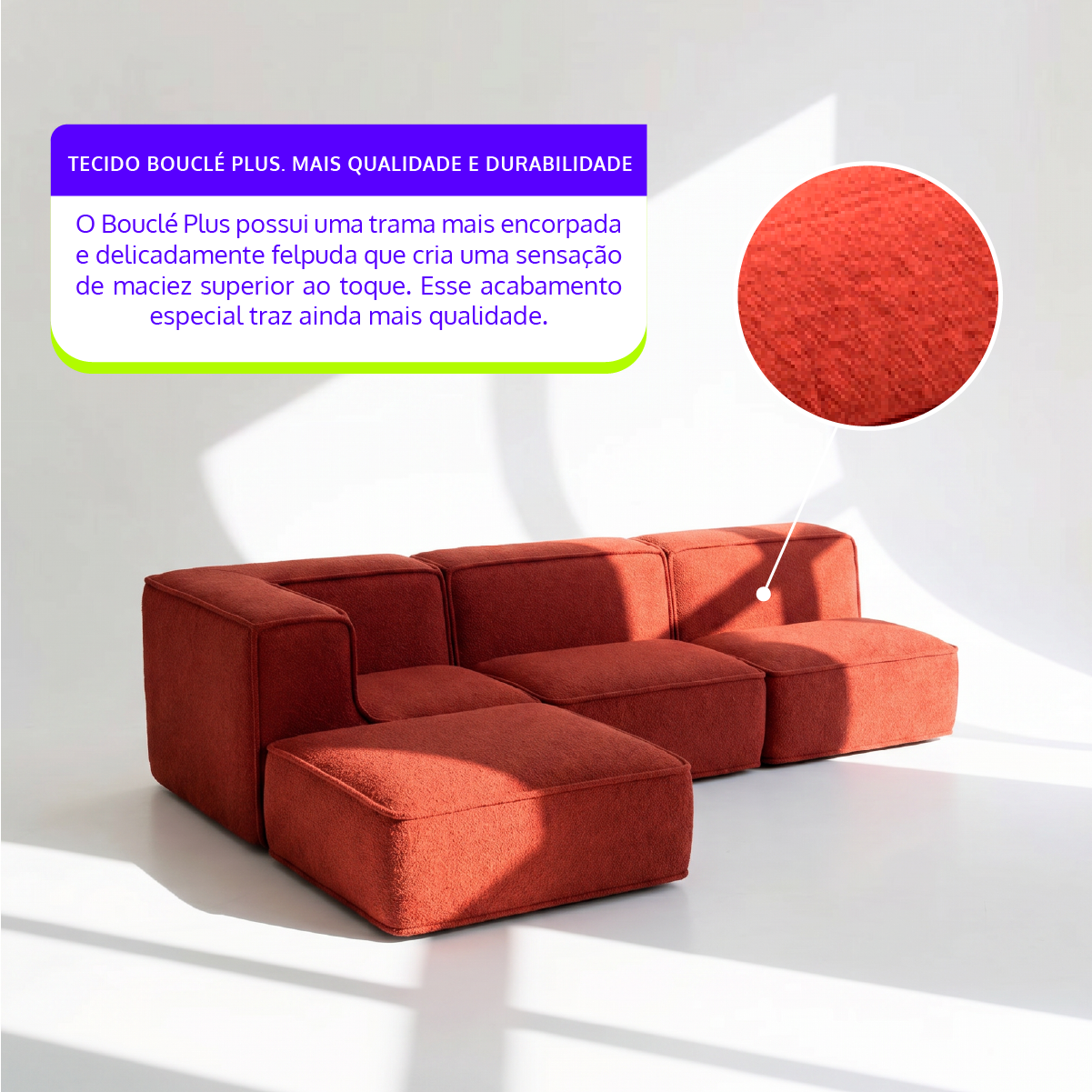 Sofá Modular Flow 3 Lugares 1 Canto com 1 Apoio de Pé em Boucle Plus Terracota