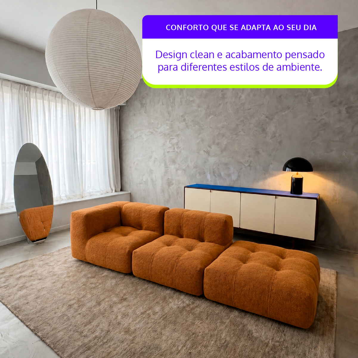 Sofá Modular 2 Lugares 1 Canto com 1 Apoio de Pé em Boucle Plus Mostarda