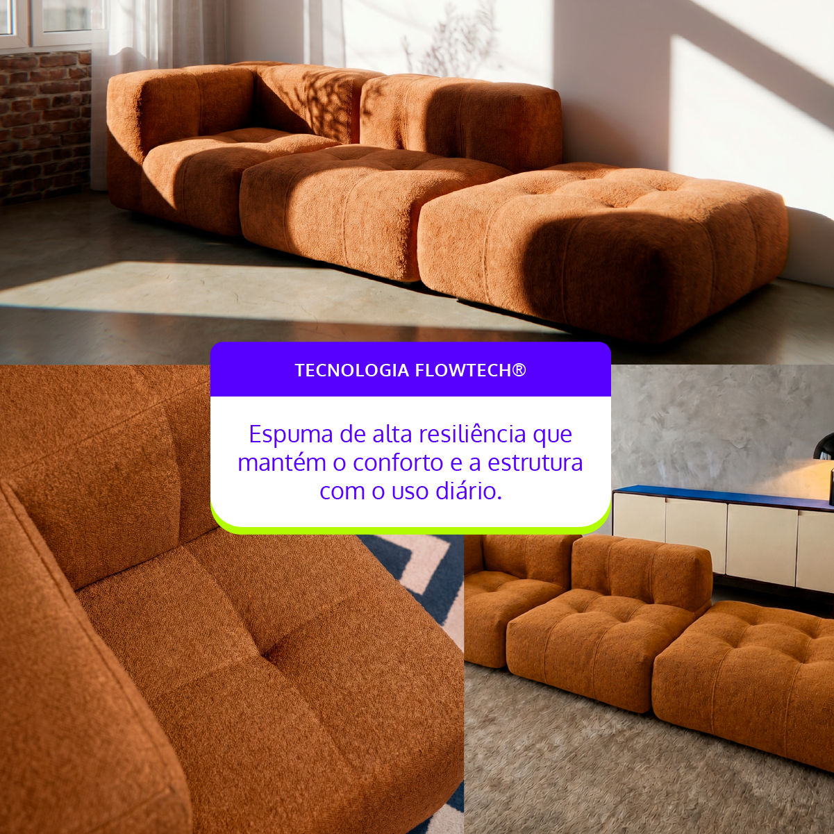 Sofá Modular 2 Lugares 1 Canto com 1 Apoio de Pé em Boucle Plus Mostarda