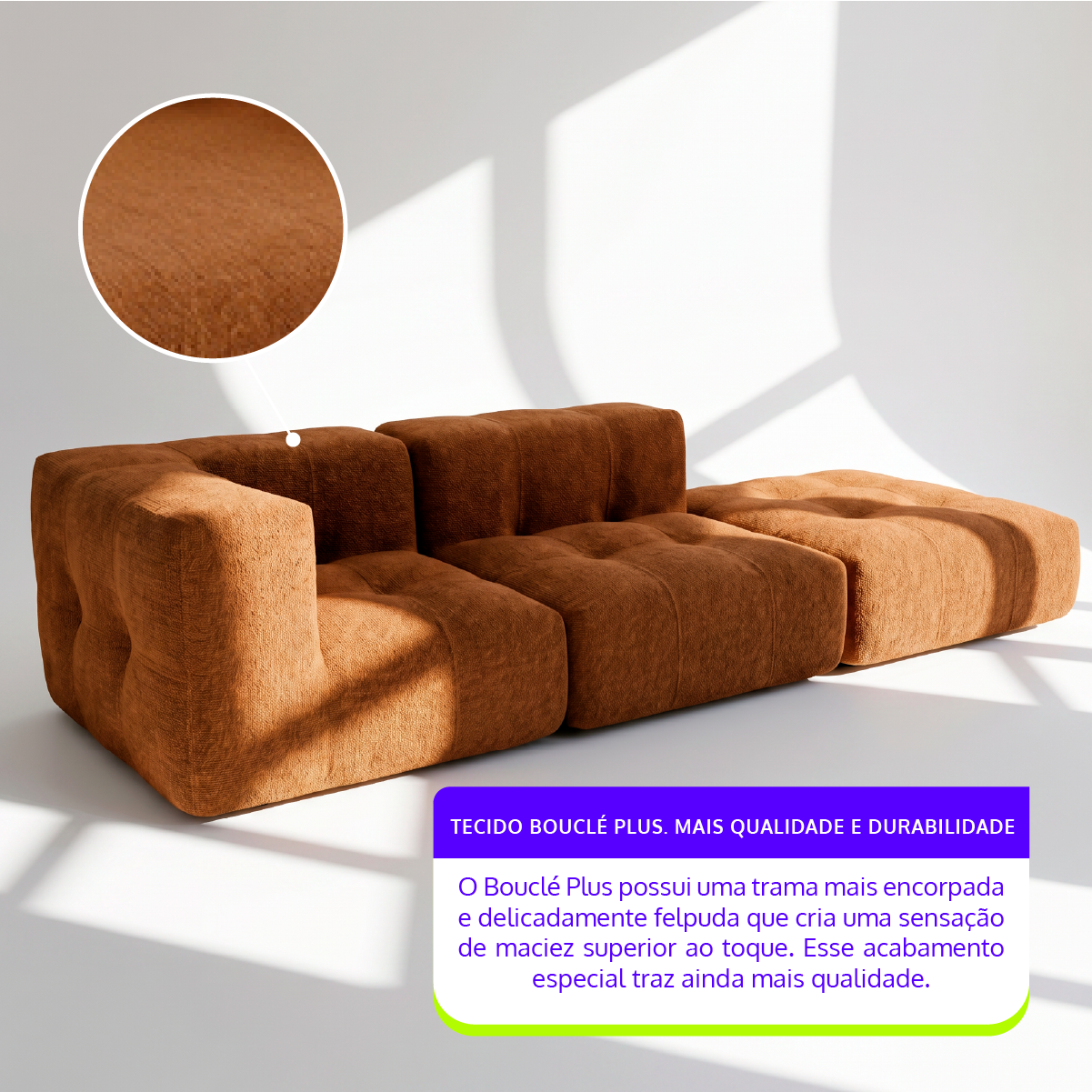 Sofá Modular 2 Lugares 1 Canto com 1 Apoio de Pé em Boucle Plus Mostarda