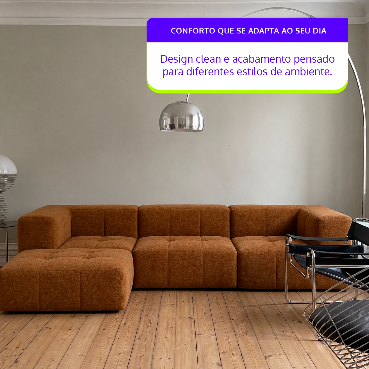 Sofá Modular 3 Lugares 2 Cantos com 1 Apoio de Pé em Boucle Plus Mostarda