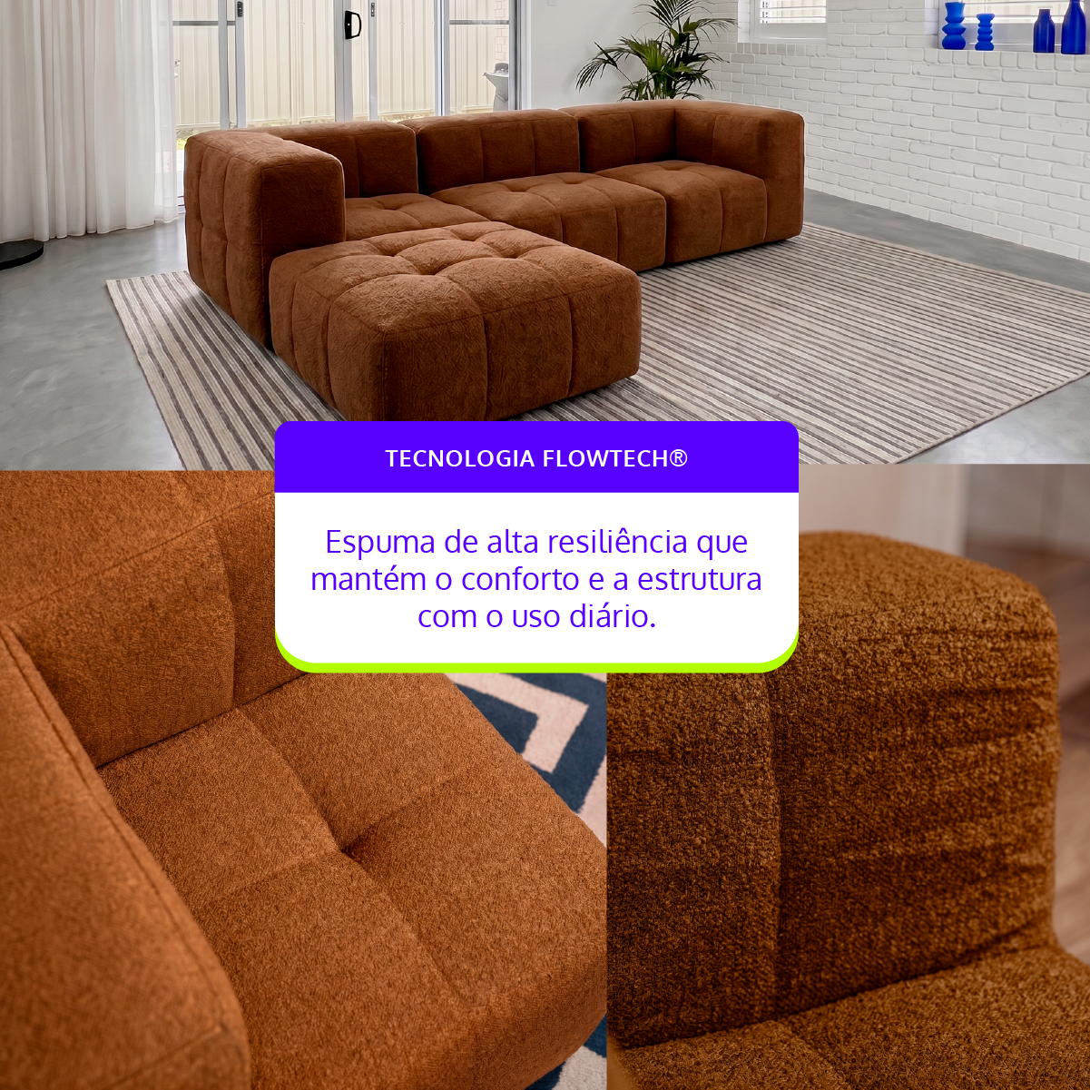 Sofá Modular 3 Lugares 2 Cantos com 1 Apoio de Pé em Boucle Plus Mostarda