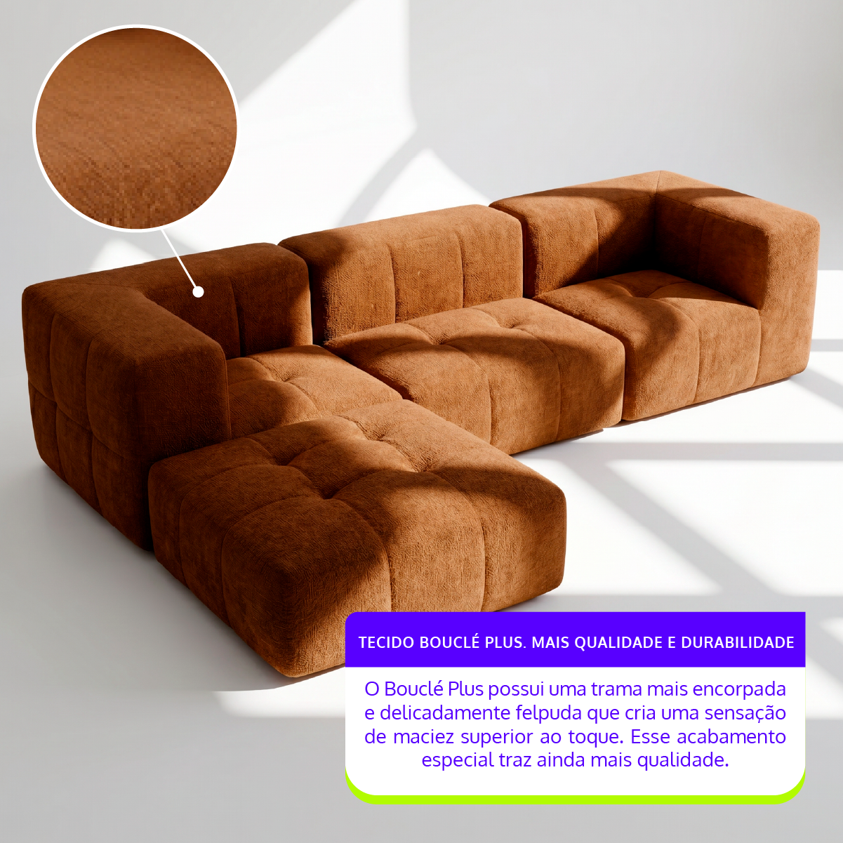 Sofá Modular 3 Lugares 2 Cantos com 1 Apoio de Pé em Boucle Plus Mostarda