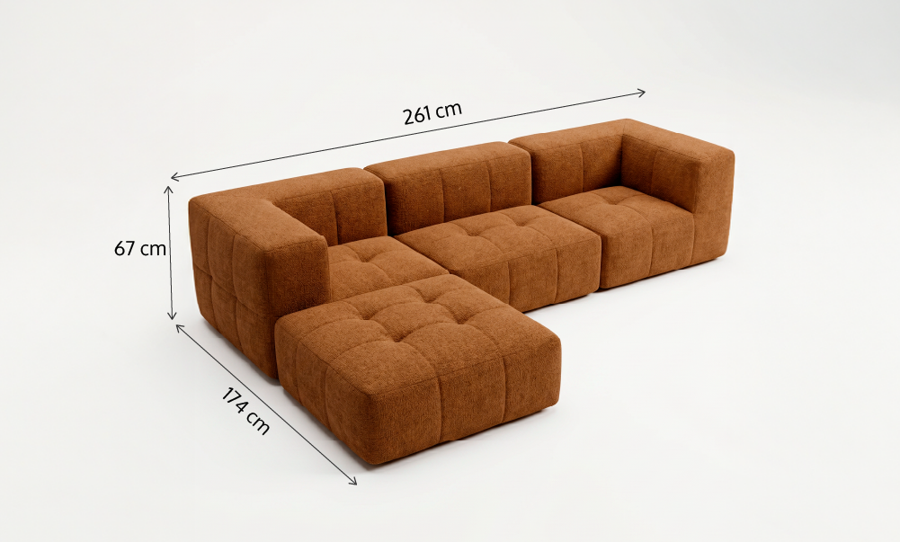Sofá Modular 3 Lugares 2 Cantos com 1 Apoio de Pé em Boucle Plus Mostarda