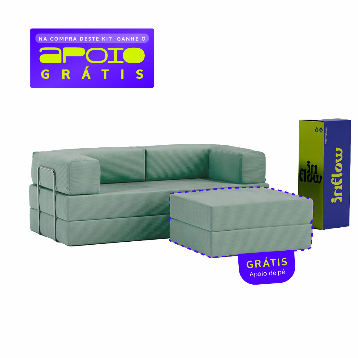 Sofá Cama Flowin com 1 Apoio de Pé em Cotele Azul Menta