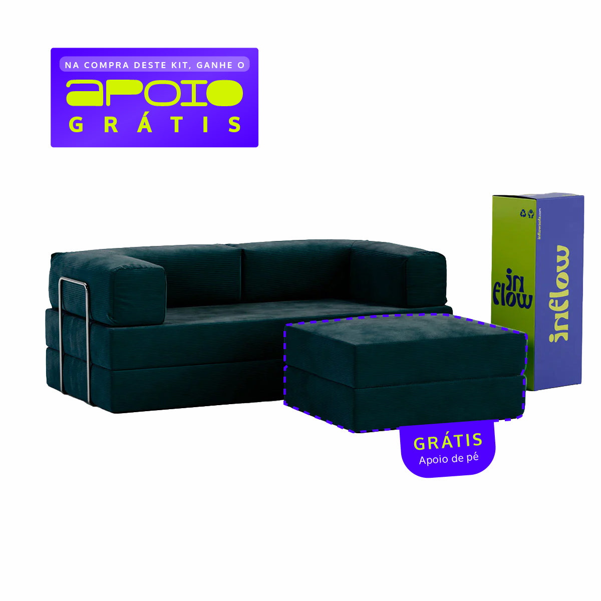 Sofá Cama Flowin com 1 Apoio de Pé em Cotele Verde Musgo