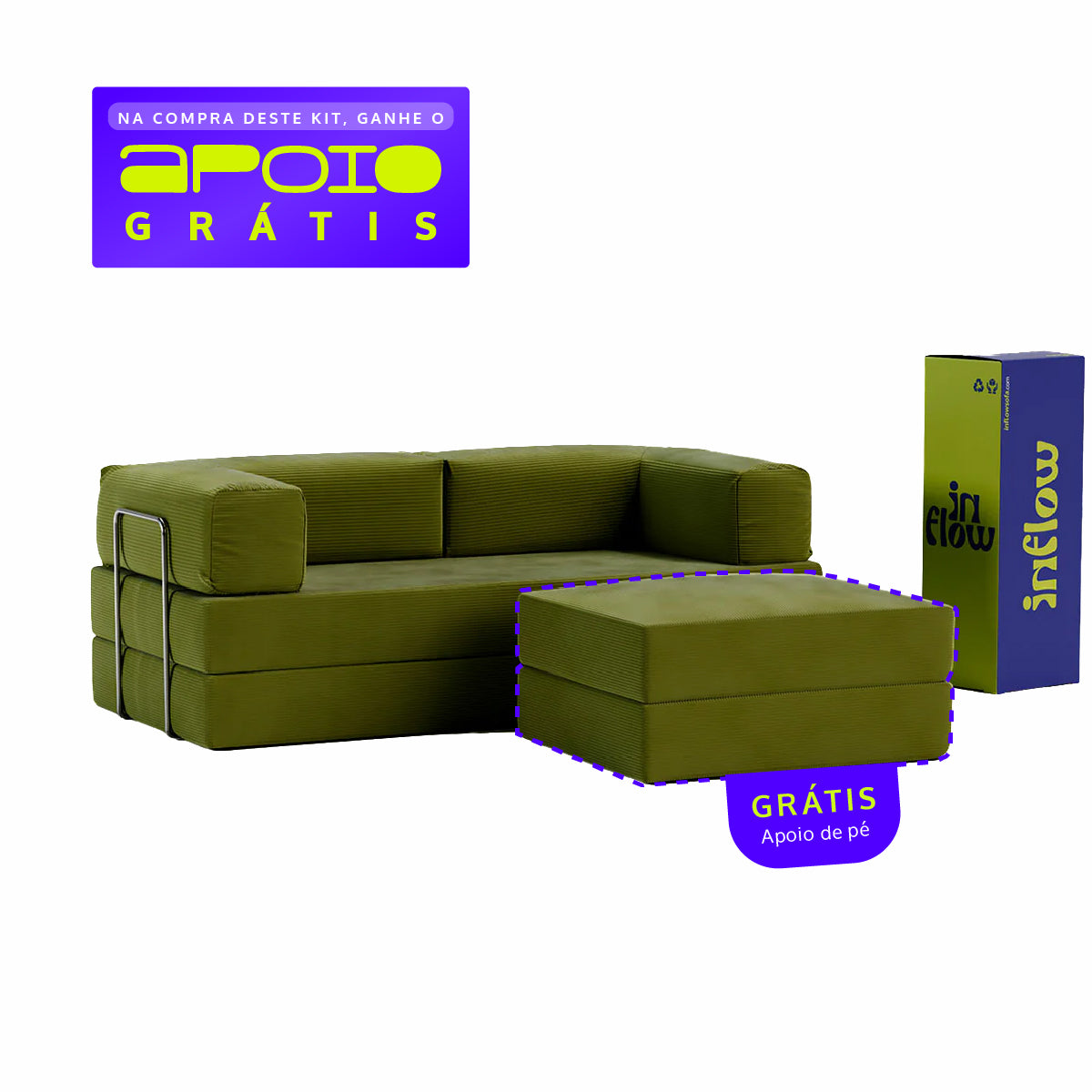 Sofá Cama Flowin com 1 Apoio de Pé em Cotele Verde Oliva