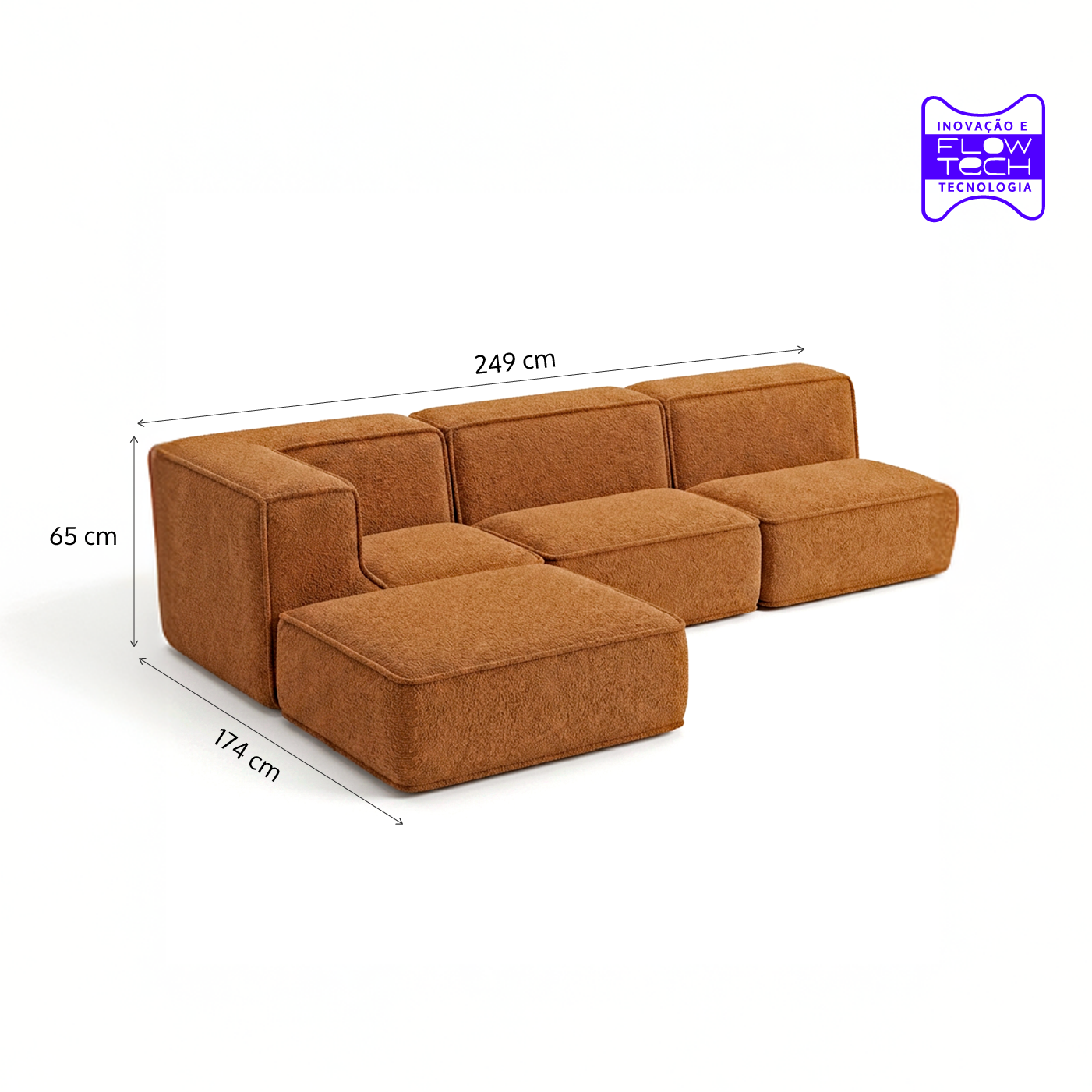 Sofá Modular Flow 3 Lugares 1 Canto com 1 Apoio de Pé em Boucle Plus Mostarda