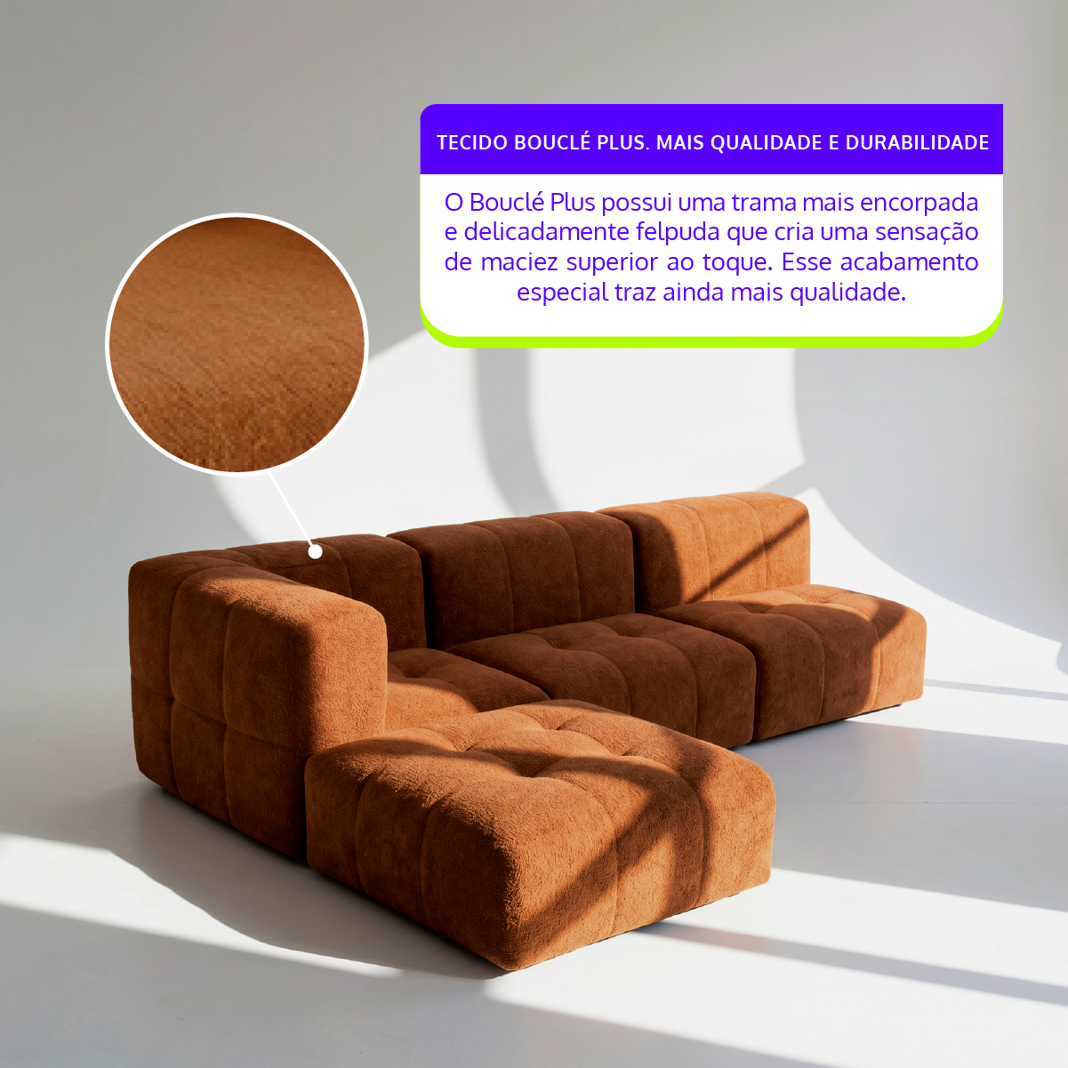 Sofá Modular 3 Lugares 1 Canto com 1 Apoio de Pé em Boucle Plus Mostarda