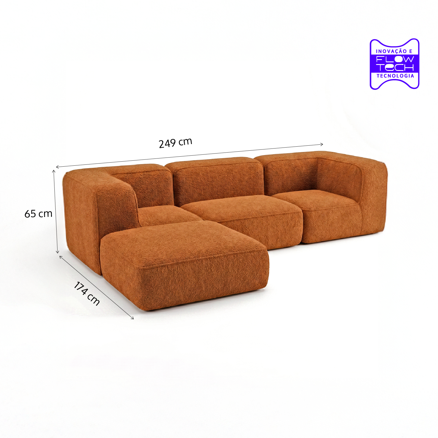 Sofá Modular Flow 3 Lugares 2 Cantos com 1 Apoio de Pé em Boucle Plus Mostarda