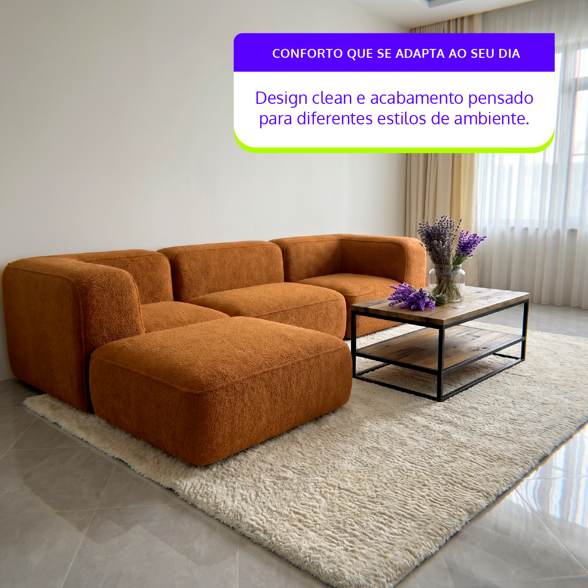 Sofá Modular Flow 3 Lugares 2 Cantos com 1 Apoio de Pé em Boucle Plus Mostarda