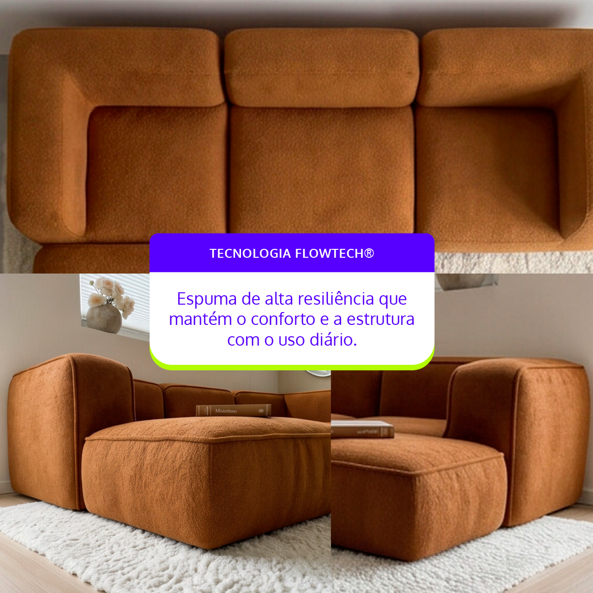 Sofá Modular Flow 3 Lugares 2 Cantos com 1 Apoio de Pé em Boucle Plus Mostarda