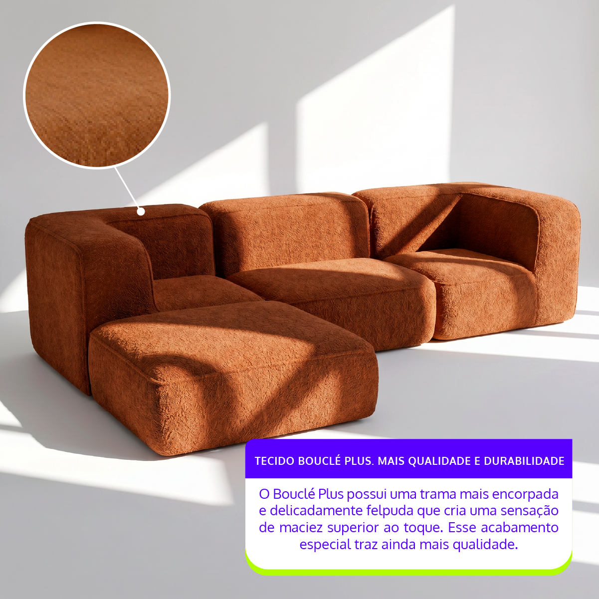 Sofá Modular Flow 3 Lugares 2 Cantos com 1 Apoio de Pé em Boucle Plus Mostarda