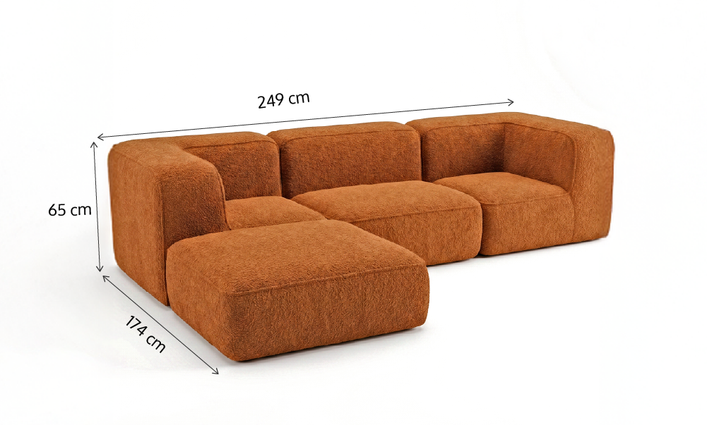 Sofá Modular Flow 3 Lugares 2 Cantos com 1 Apoio de Pé em Boucle Plus Mostarda