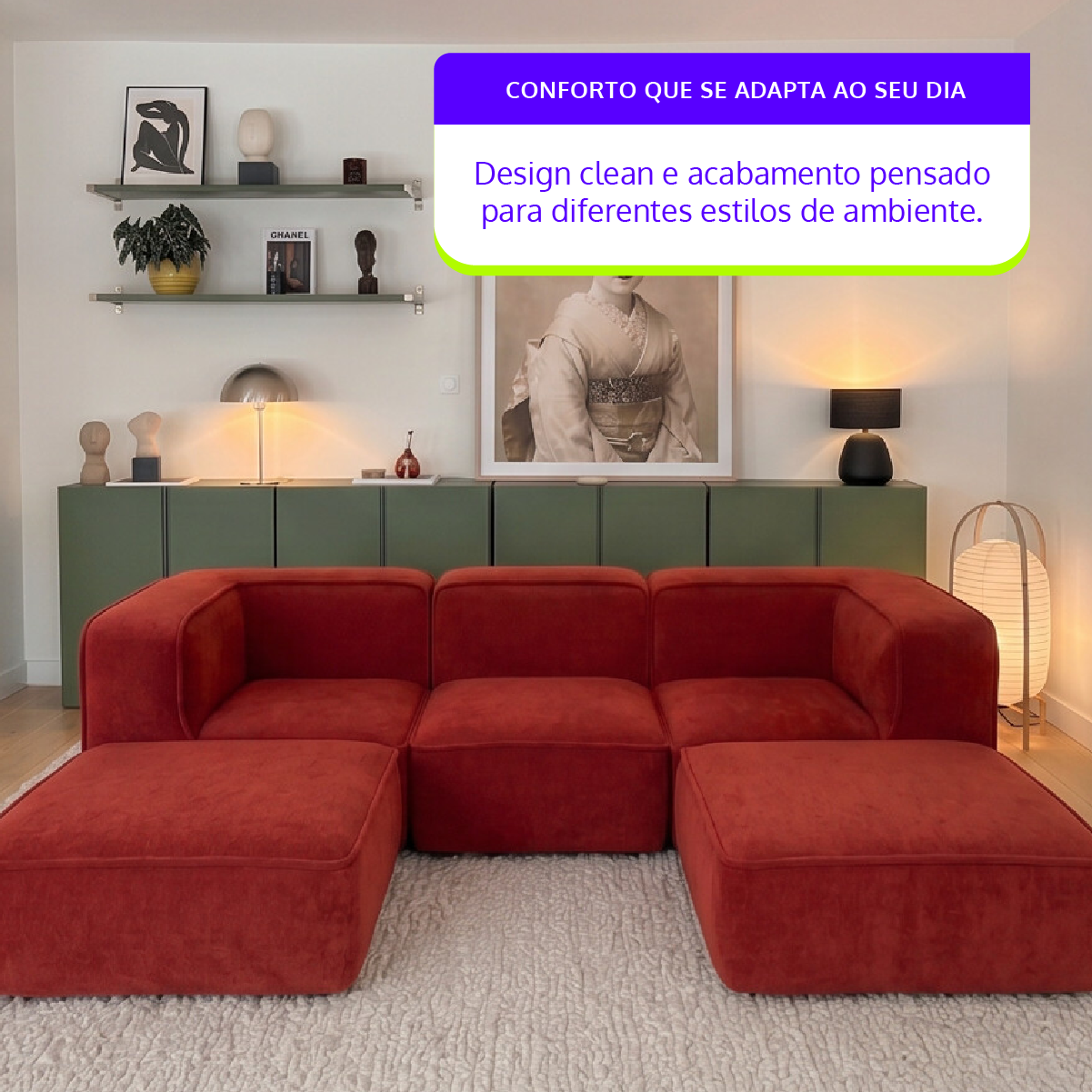 Sofá Modular Flow 3 Lugares 2 Cantos com 2 Apoios de Pé em Boucle Plus Terracota