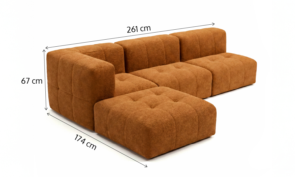 Sofá Modular 3 Lugares 1 Canto com 1 Apoio de Pé em Boucle Plus Mostarda