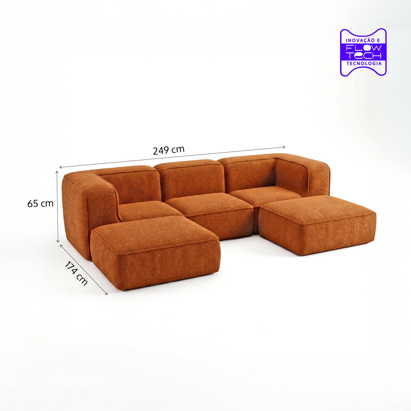Sofá Modular Flow 3 Lugares 2 Cantos com 2 Apoios de Pé em Boucle Plus Mostarda