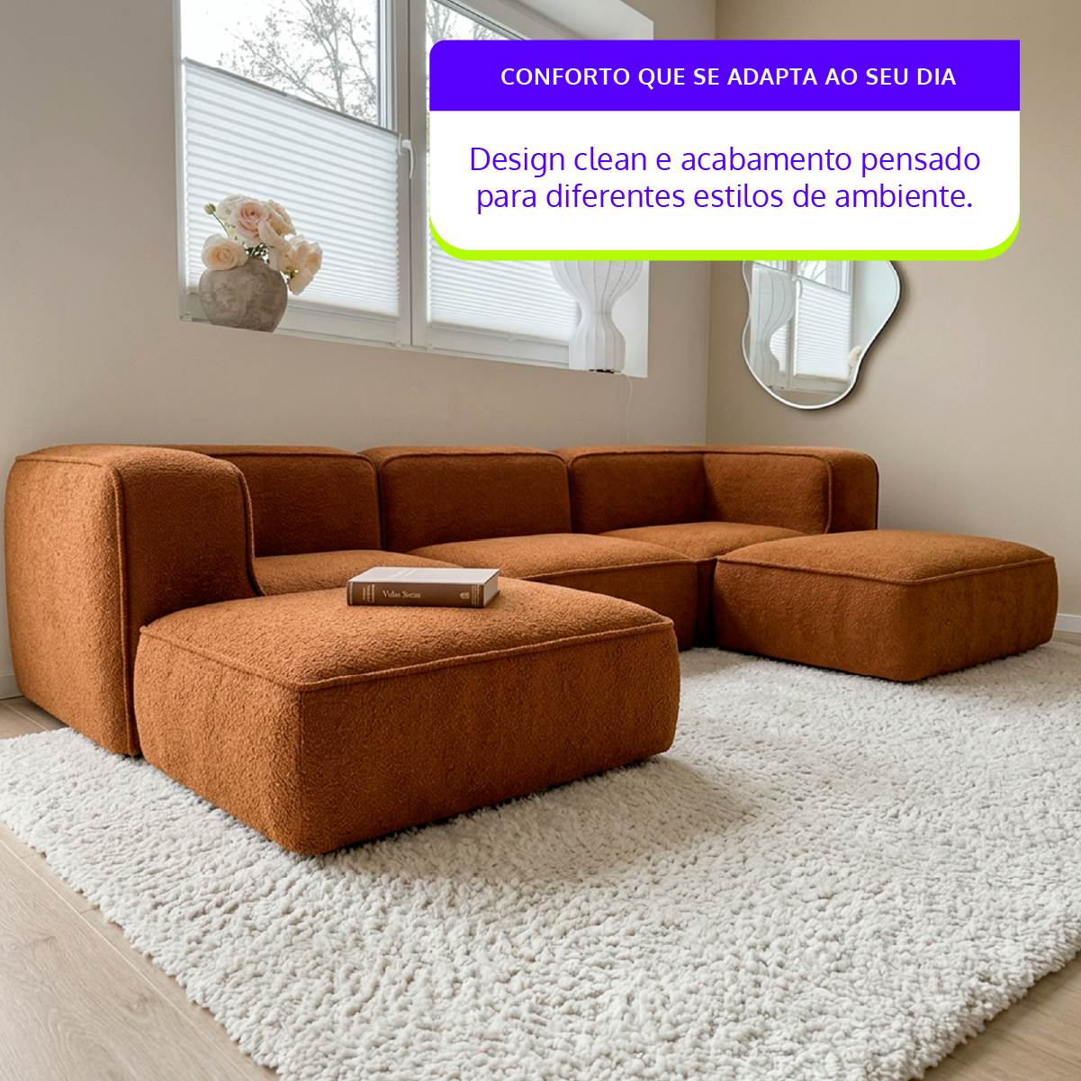 Sofá Modular Flow 3 Lugares 2 Cantos com 2 Apoios de Pé em Boucle Plus Mostarda