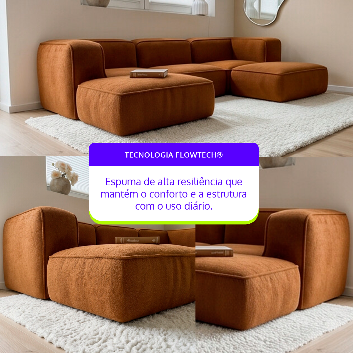 Sofá Modular Flow 3 Lugares 2 Cantos com 2 Apoios de Pé em Boucle Plus Mostarda