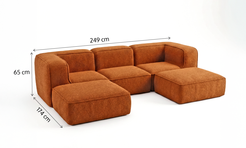Sofá Modular Flow 3 Lugares 2 Cantos com 2 Apoios de Pé em Boucle Plus Mostarda