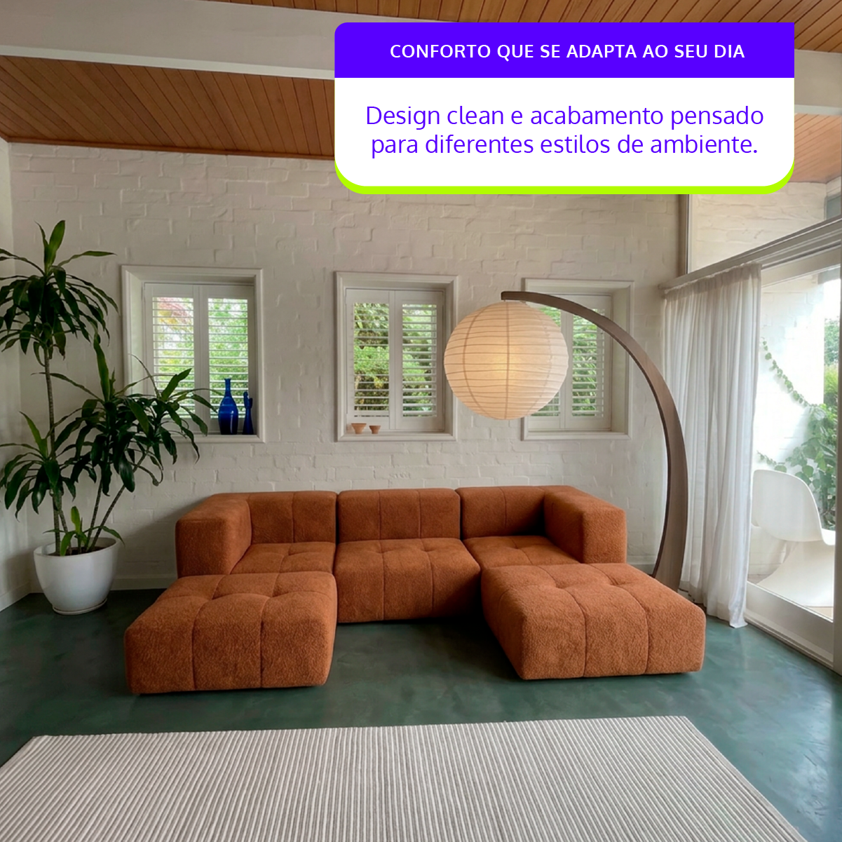 Sofá Modular 3 Lugares 2 Cantos com 2 Apoios de Pé em Boucle Plus Mostarda