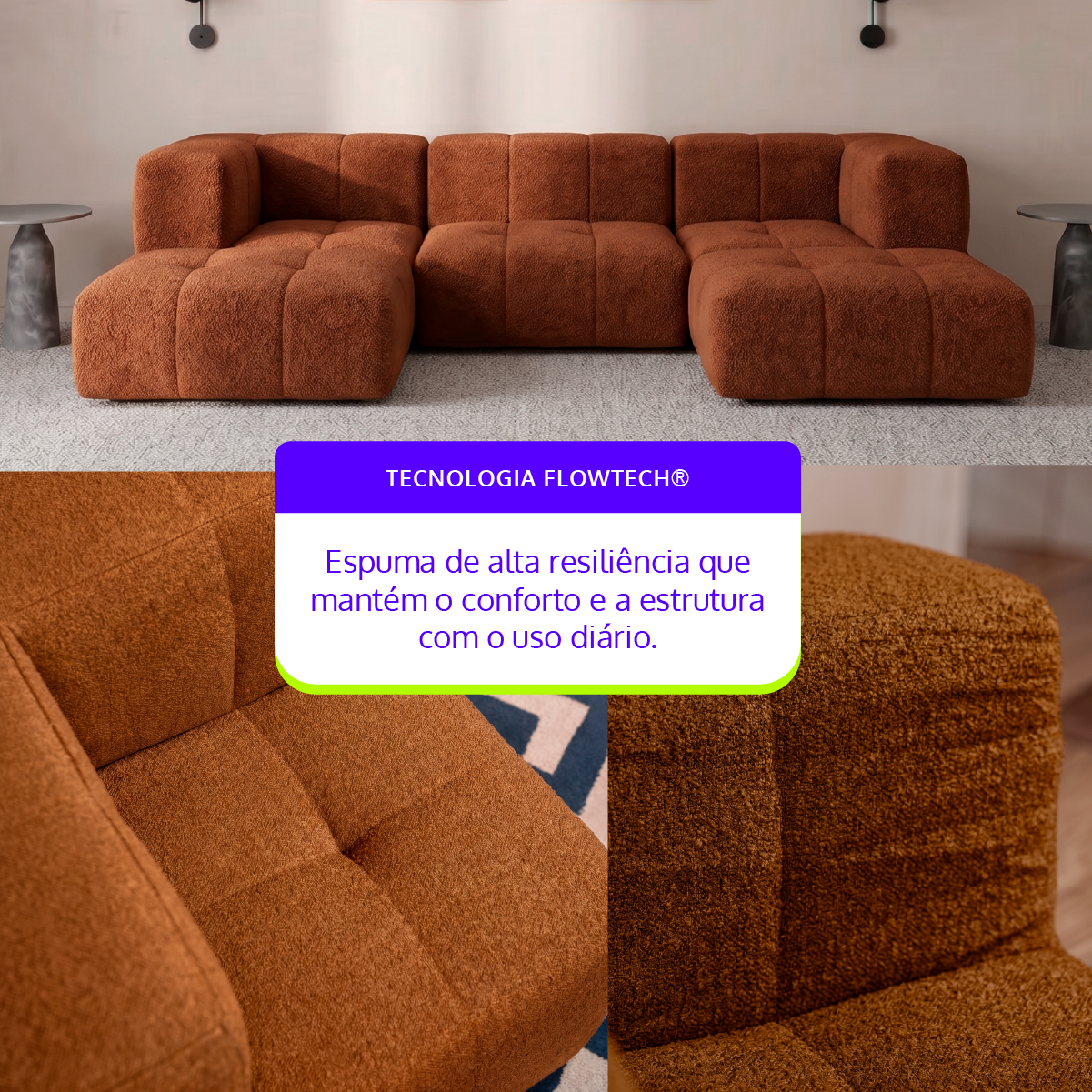 Sofá Modular 3 Lugares 2 Cantos com 2 Apoios de Pé em Boucle Plus Mostarda