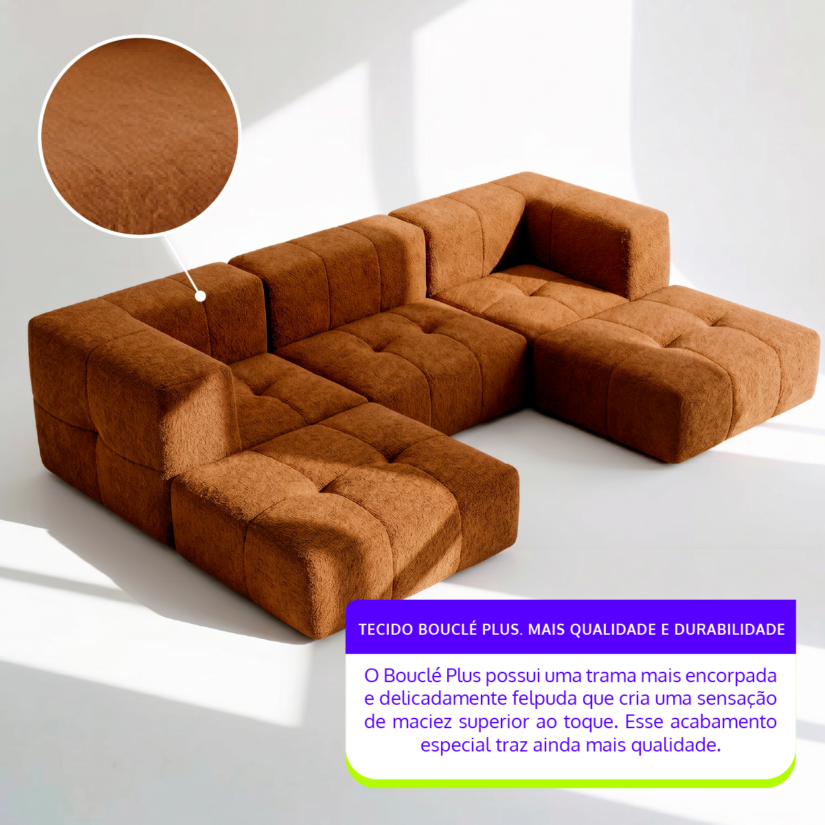 Sofá Modular 3 Lugares 2 Cantos com 2 Apoios de Pé em Boucle Plus Mostarda