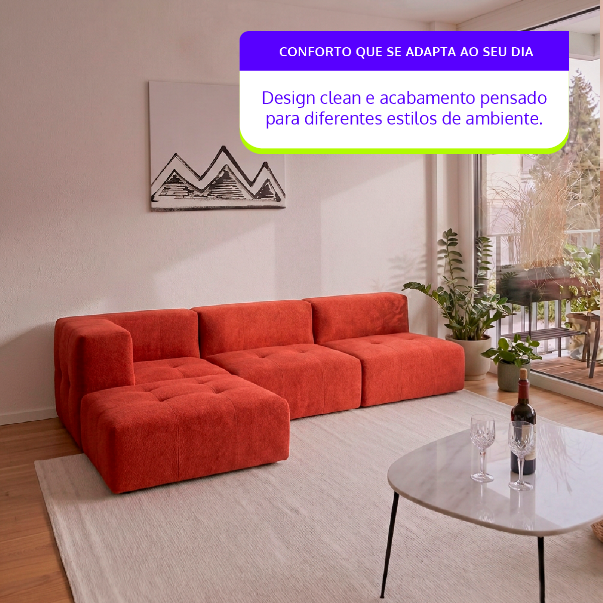 Sofá Modular 3 Lugares 1 Canto com 1 Apoio de Pé em Boucle Plus Terracota