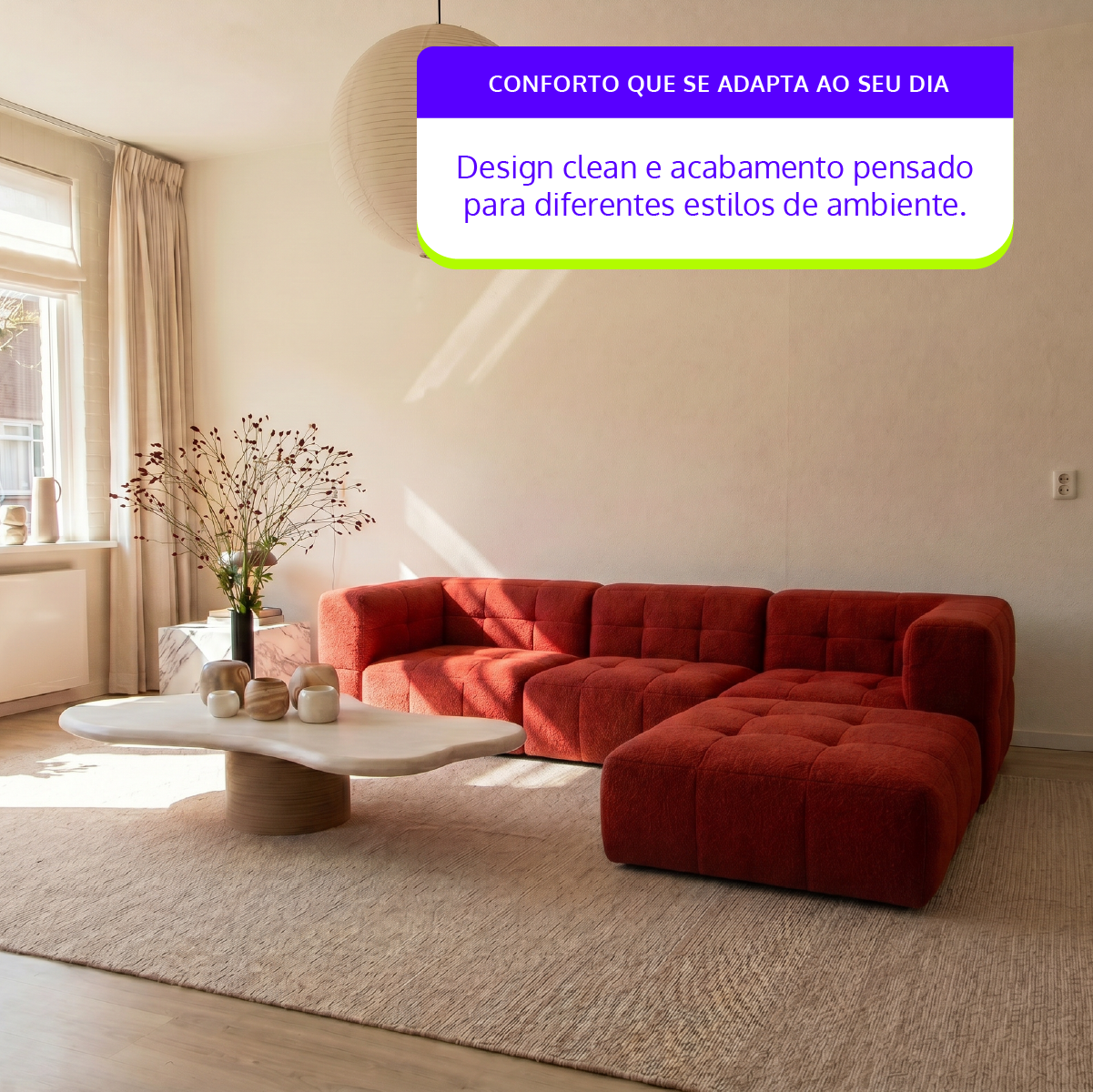 Sofá Modular 3 Lugares 2 Cantos com 1 Apoio de Pé em Boucle Plus Terracota