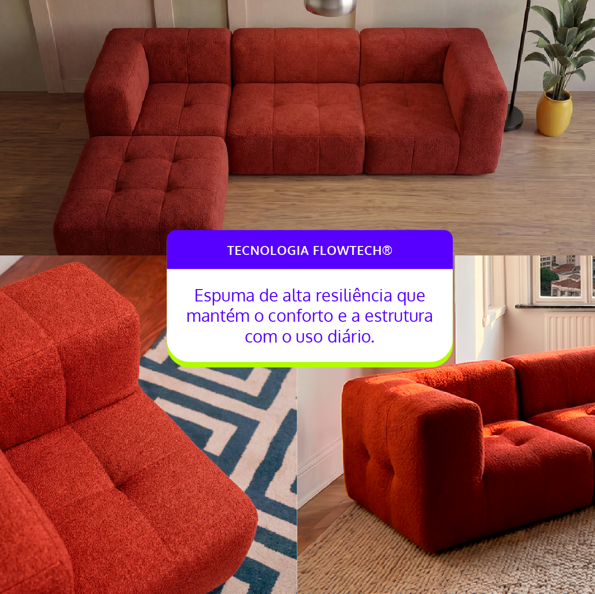 Sofá Modular 3 Lugares 2 Cantos com 1 Apoio de Pé em Boucle Plus Terracota