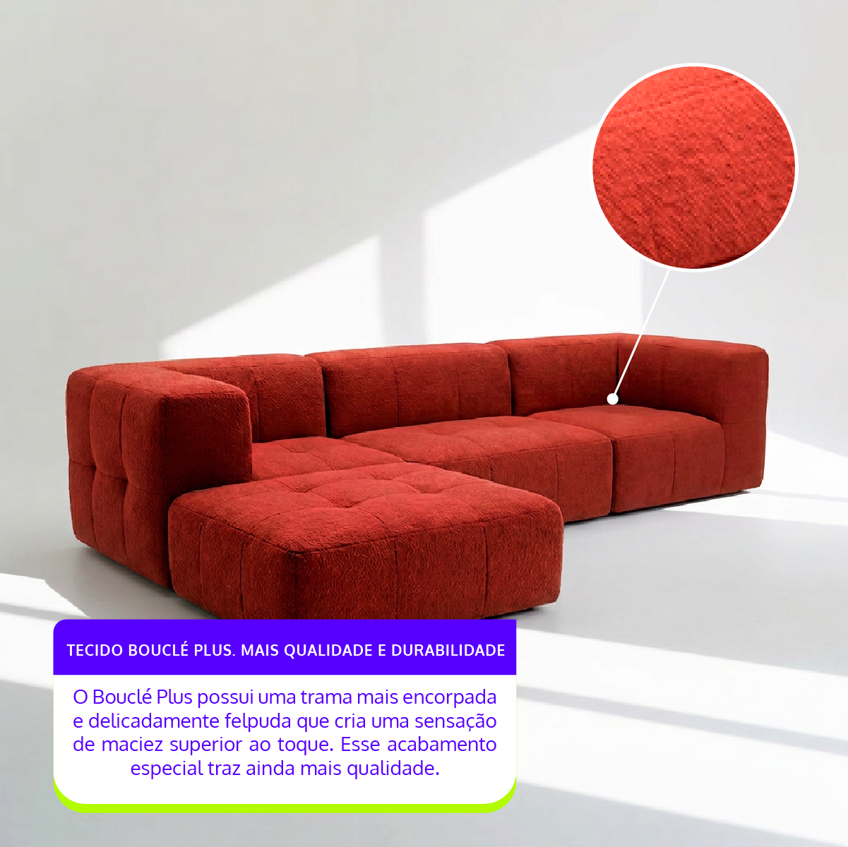 Sofá Modular 3 Lugares 2 Cantos com 1 Apoio de Pé em Boucle Plus Terracota