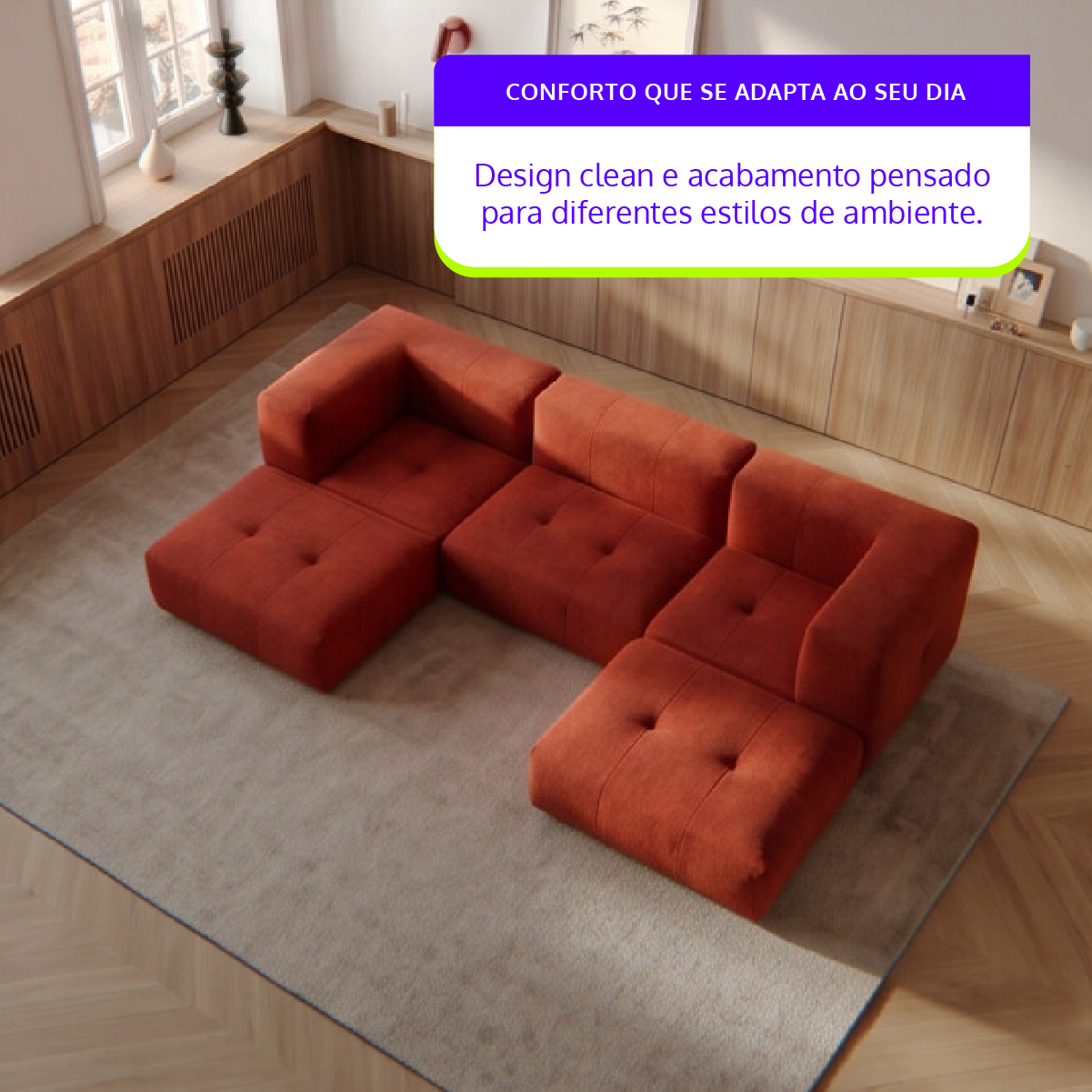 Sofá Modular 3 Lugares 2 Cantos com 2 Apoios de Pé em Boucle Plus Terracota