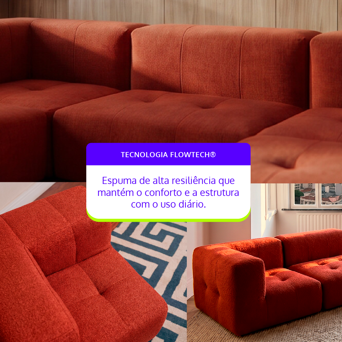 Sofá Modular 3 Lugares 2 Cantos com 2 Apoios de Pé em Boucle Plus Terracota