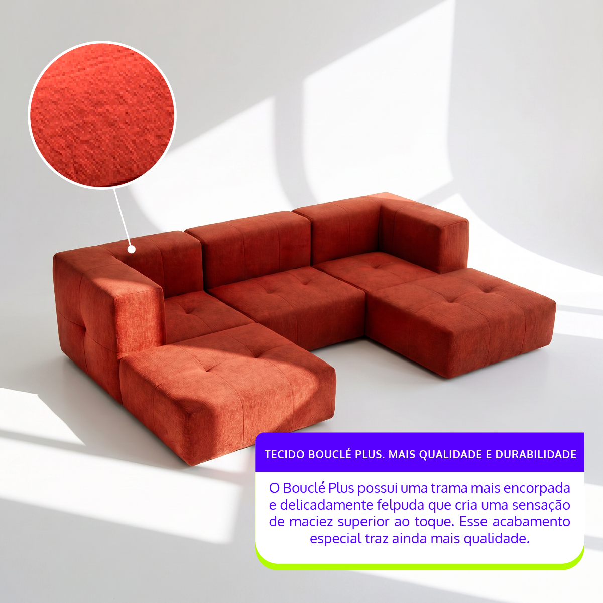 Sofá Modular 3 Lugares 2 Cantos com 2 Apoios de Pé em Boucle Plus Terracota