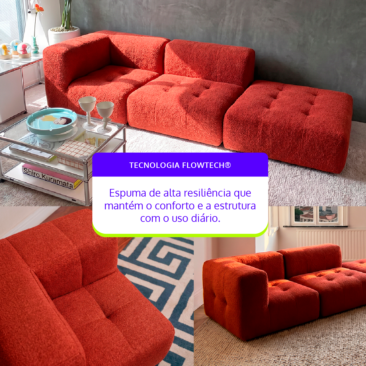 Sofá Modular 2 Lugares 1 Canto com 1 Apoio de Pé em Boucle Plus Terracota