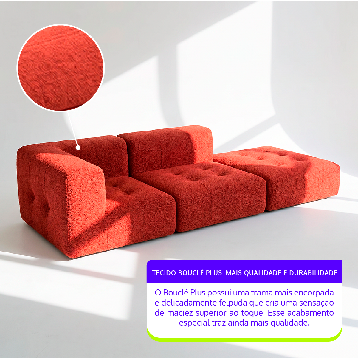 Sofá Modular 2 Lugares 1 Canto com 1 Apoio de Pé em Boucle Plus Terracota