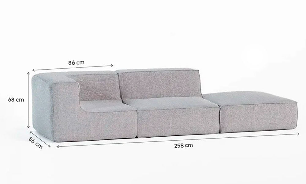 Sofá Modular Flow Boucle Cinza - 2 Lugares - 1 Canto com Apoio de Pé