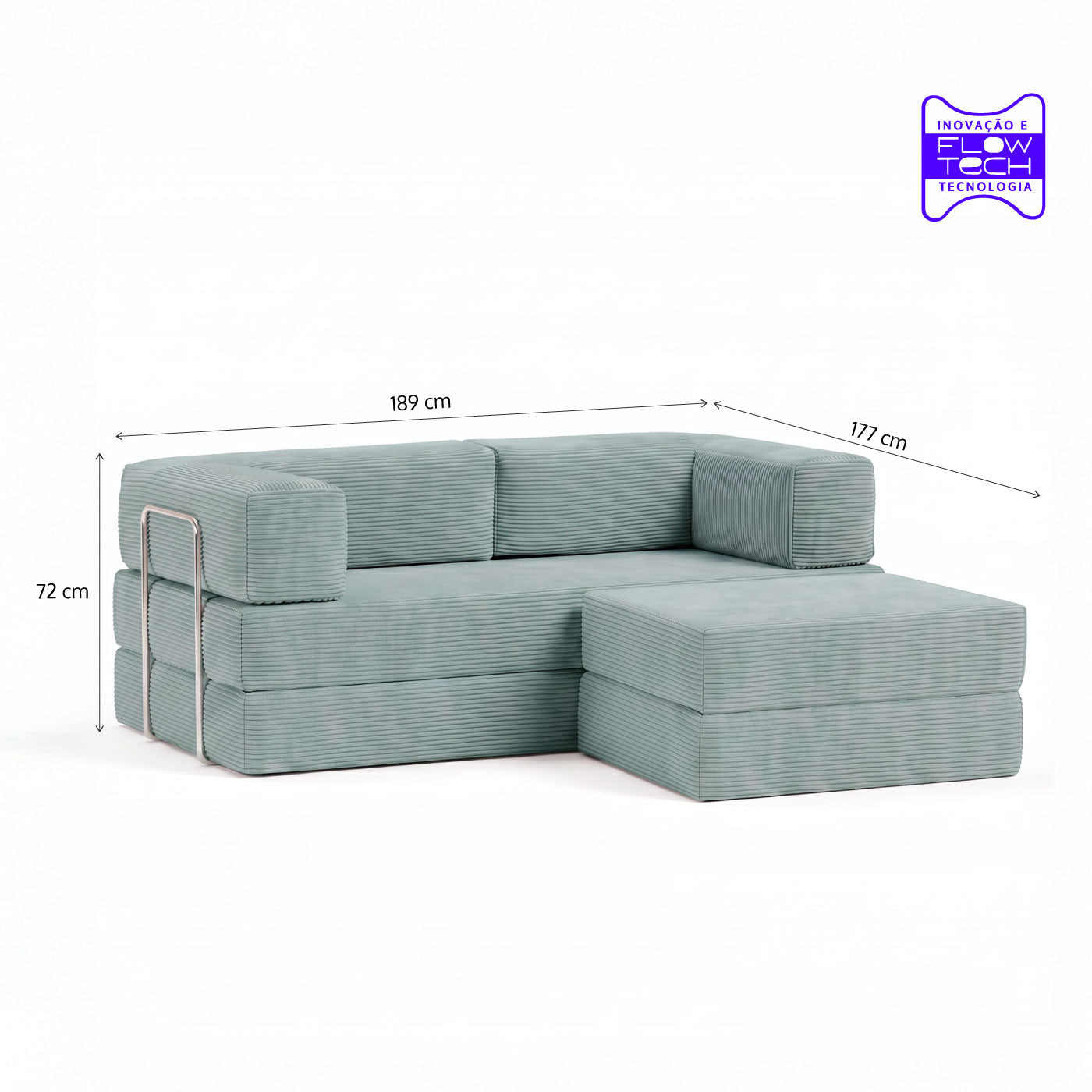 Sofá Cama Flowin com 1 Apoio de Pé em Cotele Azul Menta