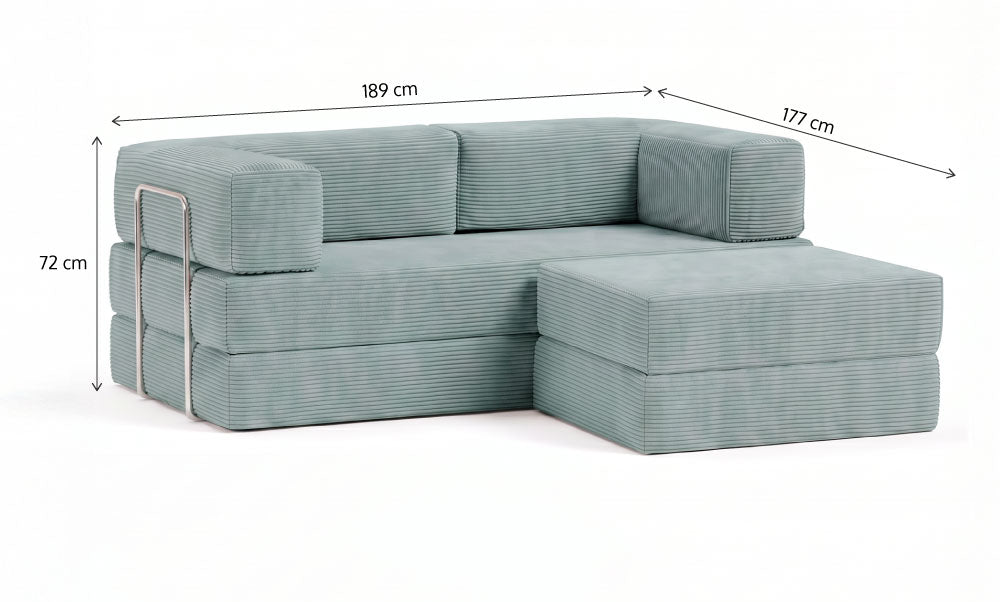 Sofá Cama Flowin com 1 Apoio de Pé em Cotele Azul Menta