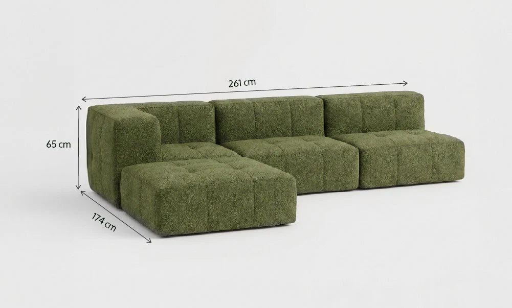 Sofá Modular 3 Lugares 1 Canto com 1 Apoio de Pé em Boucle Plus Green