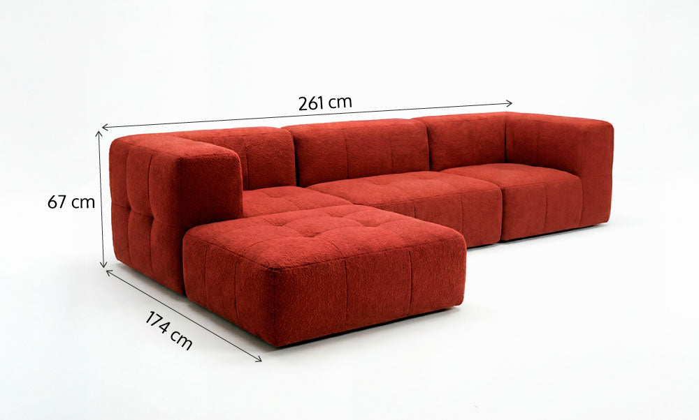 Sofá Modular 3 Lugares 2 Cantos com 1 Apoio de Pé em Boucle Plus Terracota