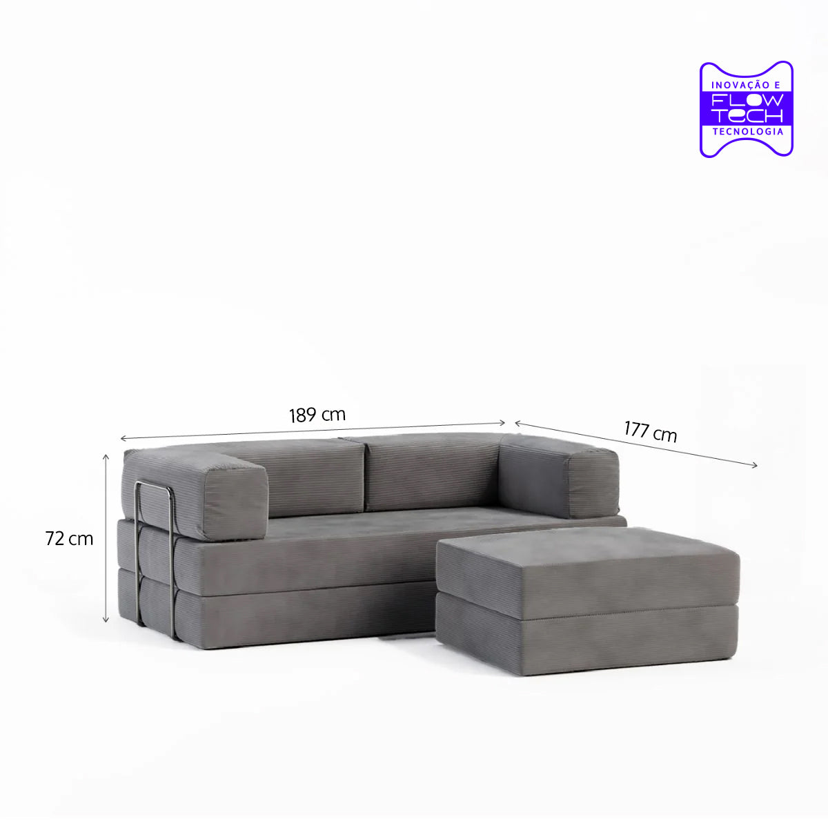 Sofá Cama Flowin com 1 Apoio de Pé em Cotele Cinza