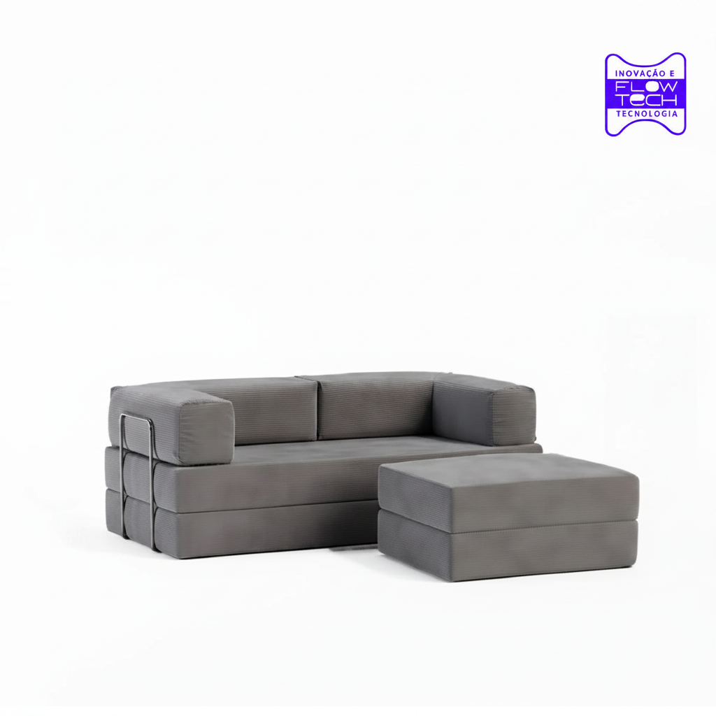 Sofá Cama Flowin com 1 Apoio de Pé em Cotele Cinza