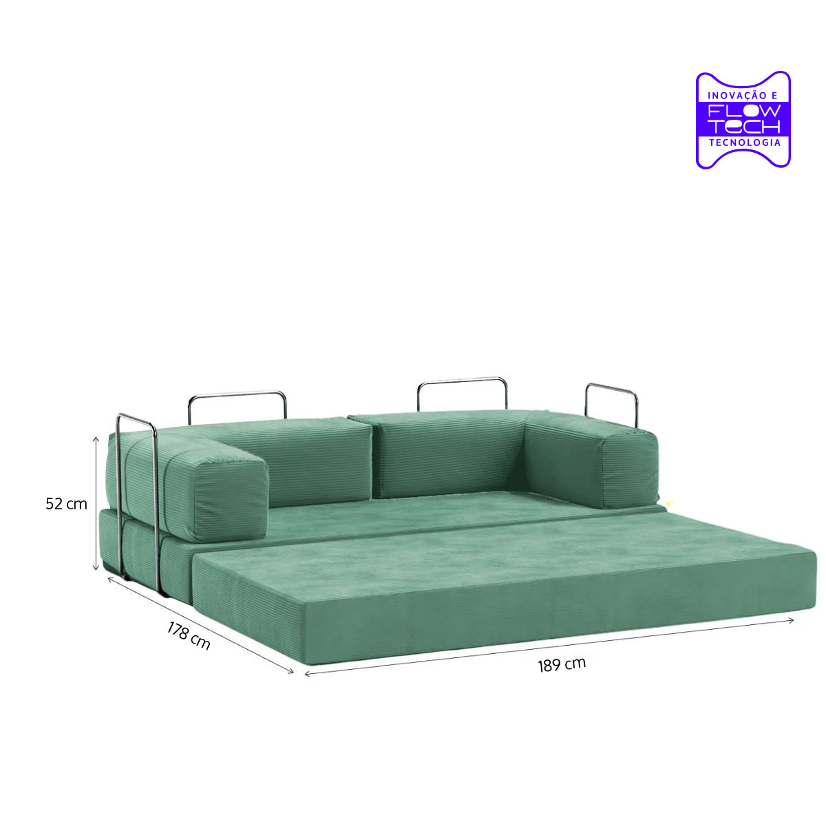 Sofá Cama Flowin com 1 Apoio de Pé em Cotele Azul Menta