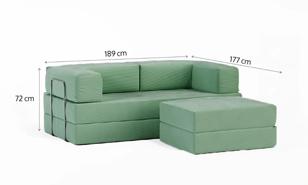 Sofá Cama Flowin com 1 Apoio de Pé em Cotele Azul Menta