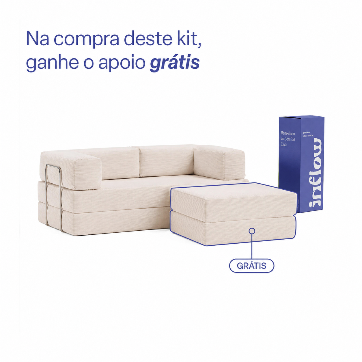 Sofá Cama Flowin com 1 Apoio de Pé em Cotele Bege